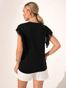 SHEIN Clasi Women's Summer Round Neck Short Sleeve T-Shirt, Black Fringe Trim On Cuffs, Tassel Shoulder Tape Knitted Fabric, Casual, Young, Versatile, Loose Fit, Suitable For Daily, Holiday, Music Festival