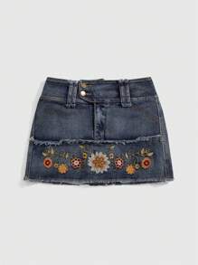 ROMWE Fairycore Women's Embroidered Decor Simple Daily Denim Skirt - Blue - View 1