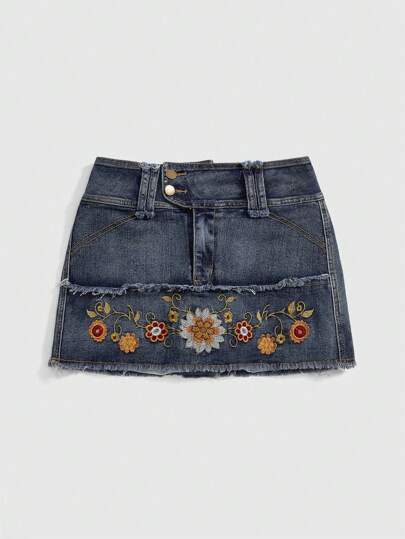 ROMWE Fairycore Women's Embroidered Decor Simple Daily Denim Skirt