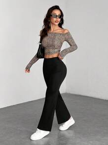 SHEIN PETITE 女式不对称罗纹纯色长裤 - 黑色 - 查看 6