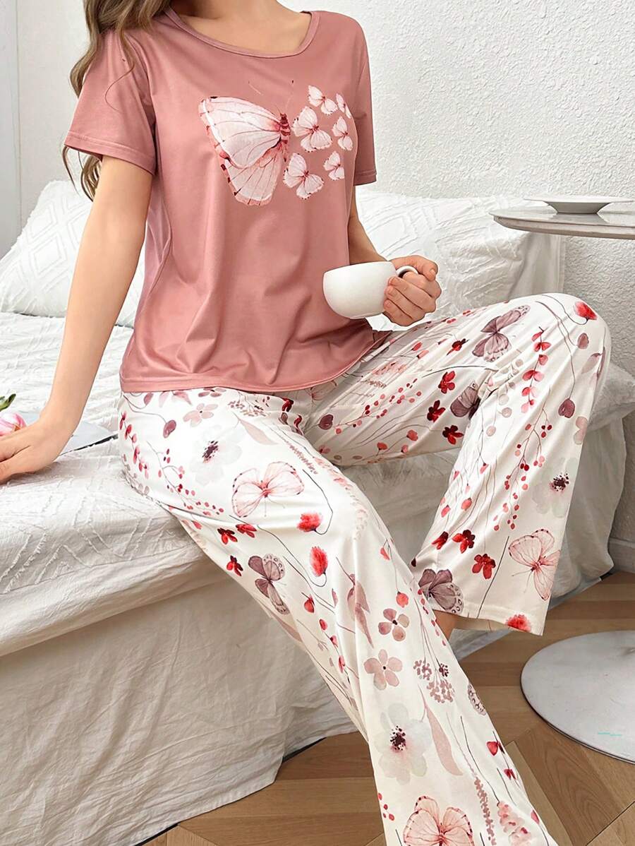 Conjunto de pijama de cuello redondo de manga corta con estampado de mariposas y flores para mujeres - Multicolor - Ver 1