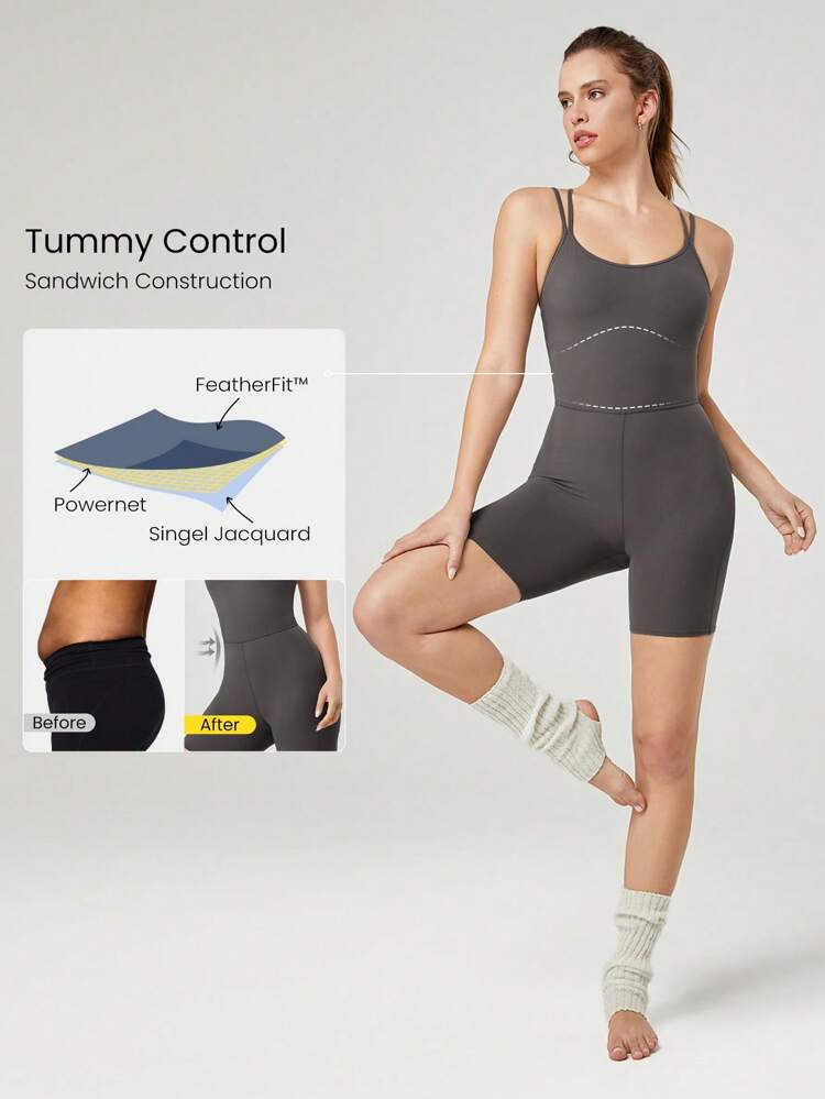 Body con tiras cruzadas y espalda abierta de 6" FeatherFit™ con control de abdomen, apoyo ligero y adecuado para yoga y verano