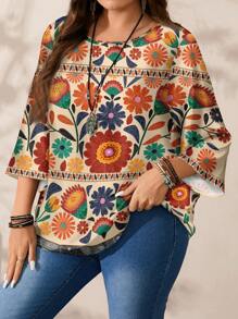 EMERY ROSE Blusa holgada con estampado floral vintage para mujer talla grande, apropiada para primavera y verano - Caqui - Ver 7