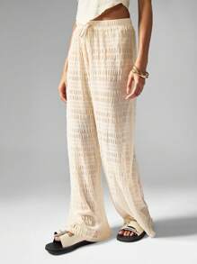 MISSGUIDED 纹理度假沙滩裤抽绳阔腿裤松紧腰夏季度假休闲裤 - 杏色 - 查看 4
