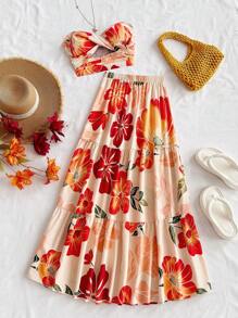 Soleia 女士夏季服装，女士两件套，女士度假服装，复活节，女士西部服装，女士婚礼宾客服装，女士演唱会服装，狂欢节服装，夏季浪漫花卉印花前系带抹胸上衣和松紧腰A字裙女士两件套 - 彩色 - 查看 4