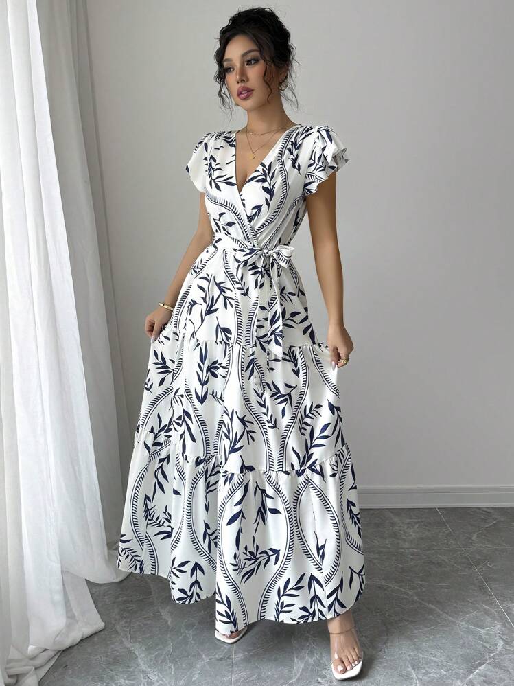 Elenzga Vestido largo de gasa con estampado floral, mangas cortas, cintura con lazo y bajo con volantes, elegante y versátil para uso diario, vacaciones, fiestas en la playa o eventos (estampado aleatorio) - Azul y blanco - Añade 5