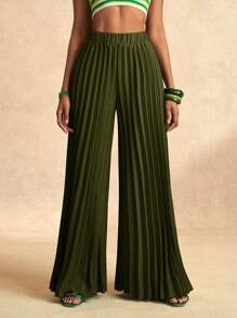 Zivah Elegant Elastic Waist Dark Green Pleated Large-Footed Extra-Long Wide-Leg Pants For Women Pleated Pantsshein Tall Pantsgreen Pantsflare Pants For Women,Business Casual Woman - Army Green - View 6