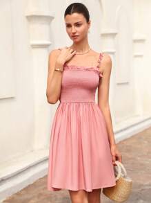 Chiquease 法式浪漫优雅公主风浅粉色纯色荷叶边吊带方领收腰无袖迷你连衣裙，适合女性，波西米亚风度假时尚夏季穿着 - 藕粉色 - 查看 3