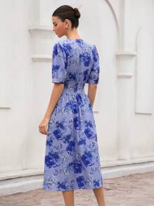 GENKIRA French Retro Tea Break Printed Elegant Shirred Button Front Cinched Waist Fitted Lantern Sleeve Midi Dress For Women Boho Vacation Fashionable Style All Over Print For Summer Spring Fall Autumn - Multicolor - View 2