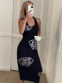 DAZY SHEIN X Hannahelzahed Floral Print Fitted Sleeveless Dress, Halter Backless Beach Summer Dress For Women,Casual Women Dresses Vacation Cruise Outfit For Women - Black - View 7