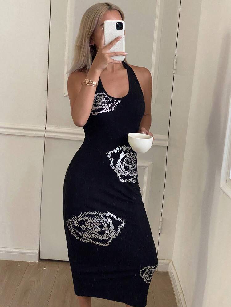 SHEIN X Hannahelzahed Floral Print Fitted Sleeveless Dress, Halter Backless Beach Summer Dress For Women,Casual Women Dresses Vacation Cruise Outfit For Women