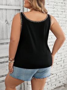SHEIN CURVE+ Plus Size Casual Racerback Basic Deep V-Neck Ribbed & Leopard Print Black Tank Top
