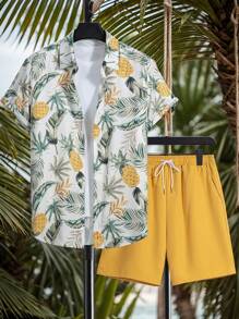 Manfinity KASUA Men's Tropical Plant Print Casual Short Sleeve Shirt And Shorts Set Men Swim Trunks Tropical Vacation Men Clothes Tropical Outfits Men Men Vacation Outfits,Hawaiian