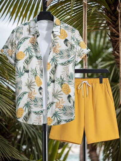 Manfinity KASUA Men's Tropical Plant Print Casual Short Sleeve Shirt And Shorts Set Men Swim Trunks Tropical Vacation Men Clothes Tropical Outfits Men Men Vacation Outfits,Hawaiian