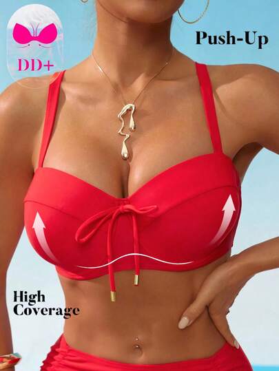 Swim DD+ Top de traje de baño para mujer con tirantes ajustables, lazo delantero, con aros, con soporte para busto grande, de moda y versátil para vacaciones