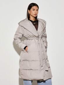 AiiRZ Metallic Quilted Long Puffer Coat Insulated Hooded Winter Outerwear Belted Wrap Warm Overcoat Mid-Length Alternative Padded Snow Coat - Light Grey - View 4