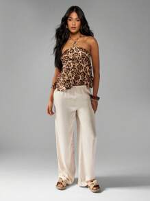 MISSGUIDED Chic Leopard Print Satin Halter Top With Empire Waist Ruffled Flowy Peplum Design Perfect Club Party Festival Summer Evening Wear - Multicolor - View 4