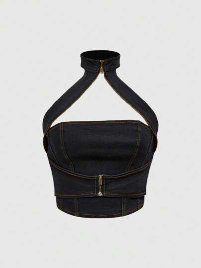 Grunge Punk Concert Women Y2K Style Hollow-Out Denim Bustier Crop Top, Functional Design