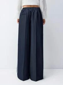 LYSMO 2025 New Arrivel Summer Side-Striped Denim Effect Straight-Leg Wide Pants - Navy Blue - View 2