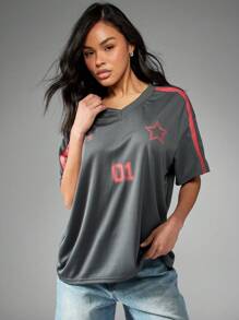 MISSGUIDED Contrast Stripe V Neck Oversized Football Jersey T-Shirt - Dark Grey - View 3