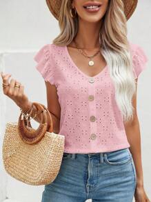 SHEIN Frenchy 女士纯色盖袖V领T恤，简约时尚，适合夏季