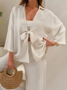 EURMUSE Bộ đồ hai mảnh áo và quần cỡ lớn cho nữ - Màu be - Xem 4