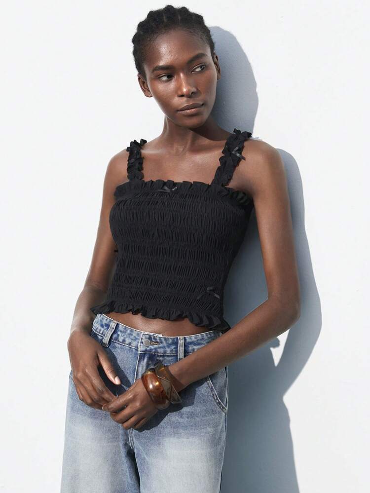 SHEIN Maija 2025 여름 신상 러치 러치 복잡한 리본 장식 프릴 트림 해변 음악 축제 휴가 캐주얼 로맨틱 도시 탈출 외출, 파티, 결혼식, 손님, 복고풍 스타일, 졸업 시즌 여성 상의에 적합