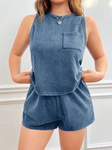 Solflare Set de 2 piezas Top de tirantes informal talla grande talla + Pantalones cortos - Neblina azul - Ver 3