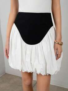 SNOW XUE GAO 黑白高腰泡泡袖少女裙夏季女装裙子夏季工作短裙 - 黑與白 - 查看 5