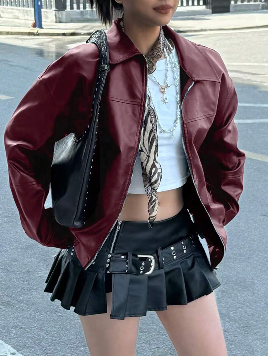 Women Plus Size Loose Fit Moto Biker Jacket, Vegan Leather, Black, Autumn/Winter Fall Cloth For Women