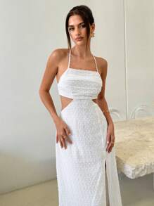 SHEIN VCAY 度假腰部镂空露背高开叉休闲纹理无袖吊带裙