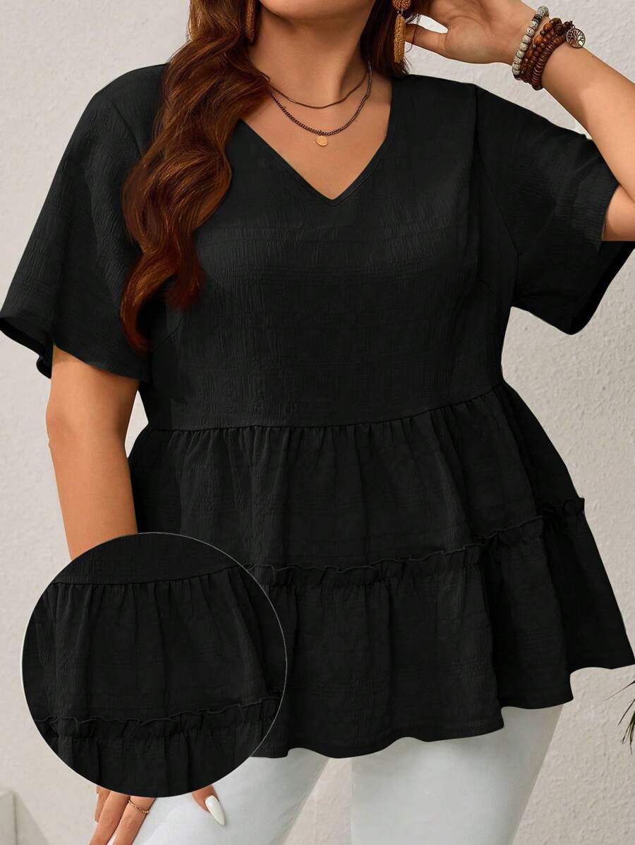 EMERY ROSE Plus Size Women V-Neck Texture Ruffled Hem Holiday Blouse,Spring Summer - Black - View 1