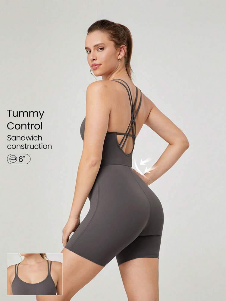 Body con tiras cruzadas y espalda abierta de 6" FeatherFit™ con control de abdomen, apoyo ligero y adecuado para yoga y verano