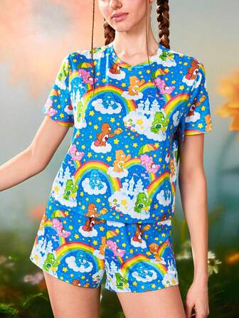 SHEIN X Care Bears 女士夏季可爱彩虹熊印花上衣和短裤睡衣套装