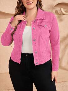 EMERY ROSE Plus Size Women's Casual Denim Jacket With Single-Breasted, Spring - Pink - View 1