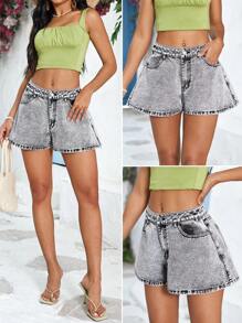 Breezaya Pantalones cortos vaqueros casuales anchos con bolsillos para mujer