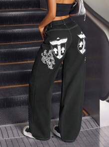 SHEIN ICON Women Casual Minimalist Denim Jeans, Suitable For Summer - Black - View 3