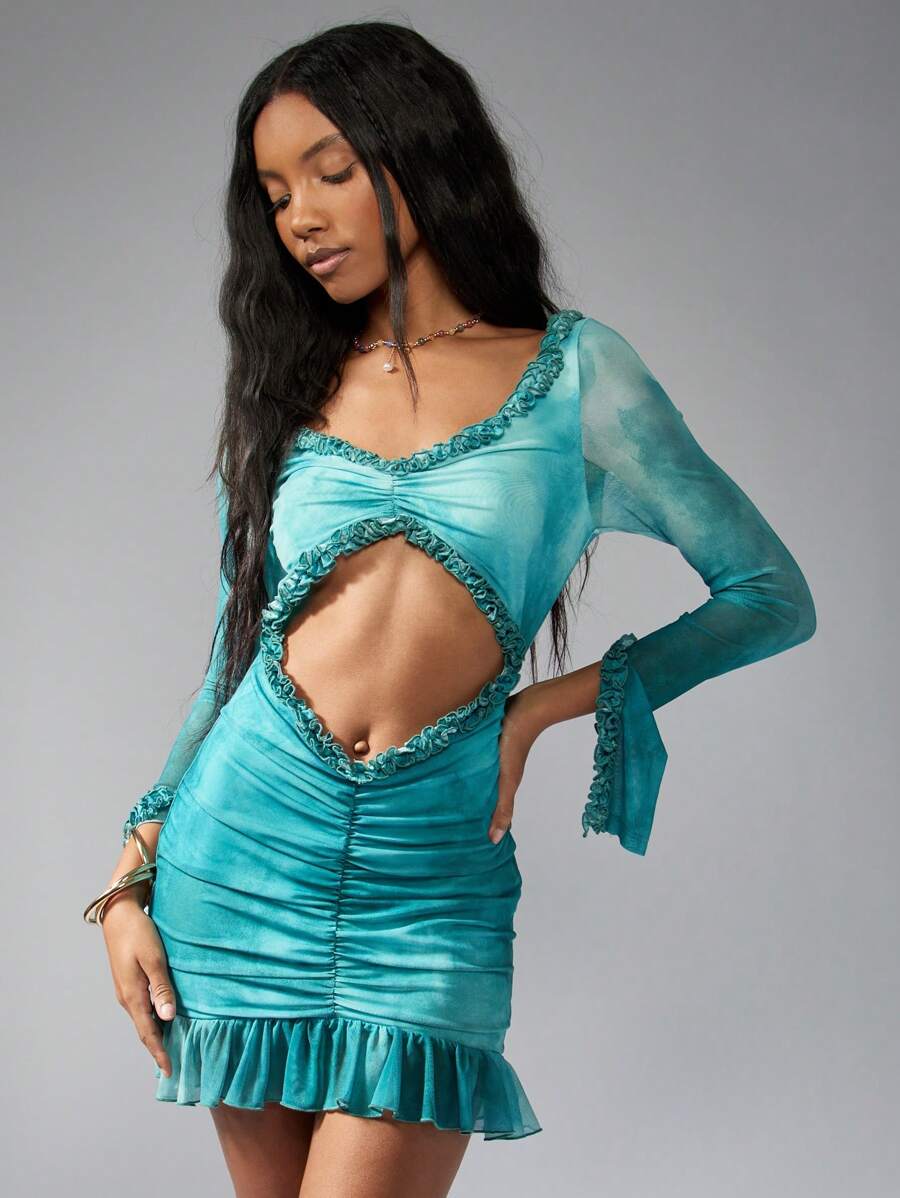 MISSGUIDED Turquoise Cut Out Mini Dress With Ruffle Trim Long Sleeve Mesh Party Clubwear Y2K Aesthetic Summer Spring Fashion,XL
