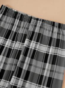 SHEIN Tween 女童家居服黑色短袖口袋上衣和格子长裤 2 件套 - 深灰色 - 查看 4