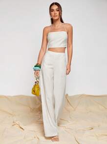 COSMINA Women's Vacation Casual Solid Color Backless Halter Top & Long Pants 2 Pieces Set - Beige - View 3