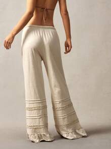 波西米亚风格纯色高腰喇叭腿针织裤，春夏 - 杏色 - 查看 5