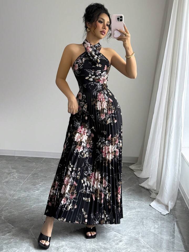 Herlipto Pleated Floral-Print Satin