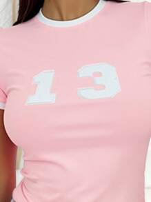 Women's European & American Style Round Neck Patchwork Letter Print Fitted Crop Top, Spring/Summer - Pink - View 3