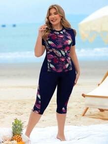 Swim Lushoire Plus Size 2 Pieces Plant Leaf Print Patchwork Tank Top & Long Swim Shorts Bikini Set, Casual And Suitable For Beach Holiday, Women For Summer Beach Vacation