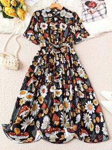 Breezaya Robe d'été à taille marquée avec col à motifs champignons et floraux, manches courtes, imprimé aléatoire, convient pour les vacances et l'usage quotidien, grande taille