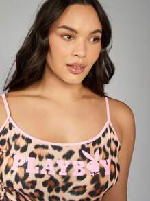 MISSGUIDED PLUS x Playboy 系列加大码豹纹迷你连衣裙，搭配粉色饰边细肩带，修身派对俱乐部夜总会夏季紧身连衣裙 - 彩色 - 查看 5