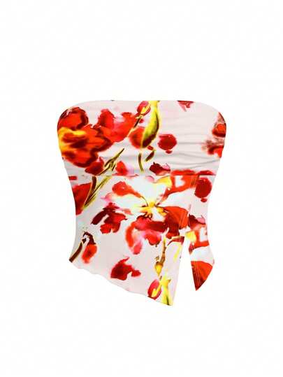 Studio Sense Girlcore 休闲红色花卉印花短款紧身露肩女式上衣，适合夏季、假日、度假、外出、节日