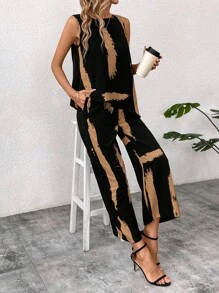 SHEIN Clasi 2pcs Sleeveless Blouse & Pants Set, Women Brush Print