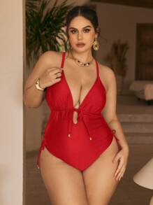Swim Chiccia Elegant Solid Color Metal Pendant Decor Adjustable Strap Plus Size One Piece Swimsuit, Perfect For Summer Beach - Red - View 3