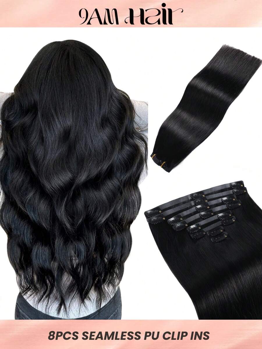 Seamless Clip Ins Extensiones de cabello humano con clip sin costuras, 8 piezas, 110g, 120g, extensiones con clip PU, extensiones de cabello humano Remy de cabeza completa, extensiones de cabello con clip invisibles - S1 - Ver 1